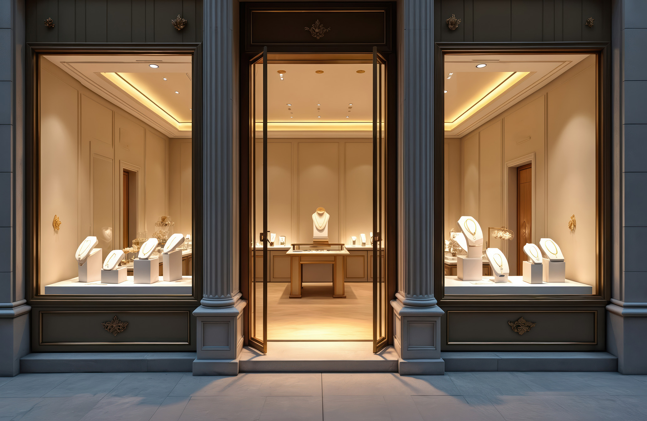 Elegant jewelry store exterior with open doors, illuminated display windows showcase necklaces. Classic facade with columns suggests luxury retail environment for fine adornments.